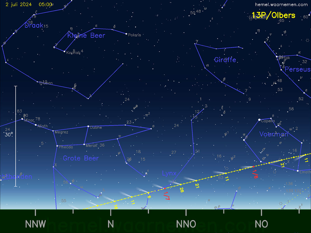 De komeet 13P/Olbers aan de ochtendhemel