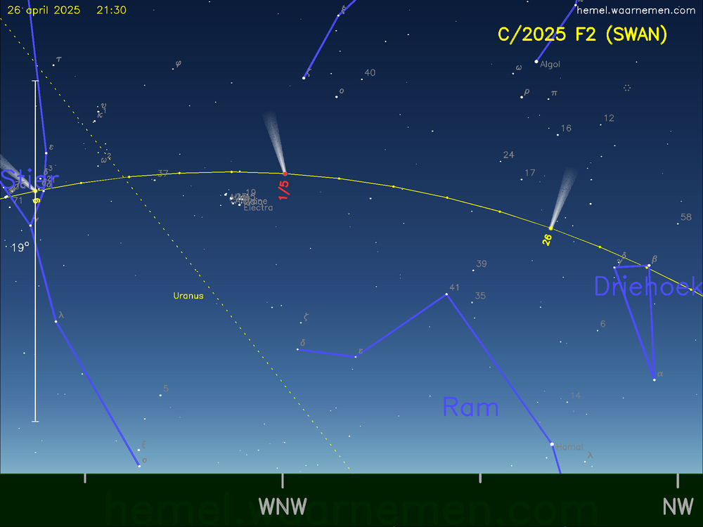 De komeet C/2025 F2 (SWAN) aan de avondhemel