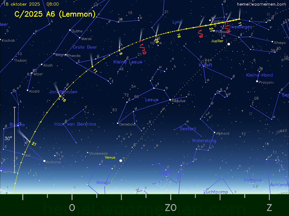 De komeet C/2025 A6 (Lemmon) aan de ochtendhemel