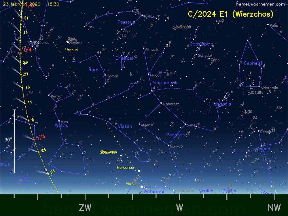 De komeet C/2024 E1 (Wierzchos) aan de avondhemel