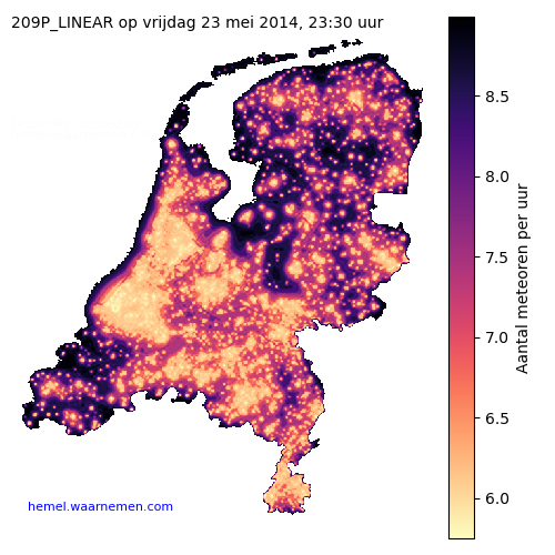 Kaart van Nederland met aantallen 209P_LINEAR voor middernacht