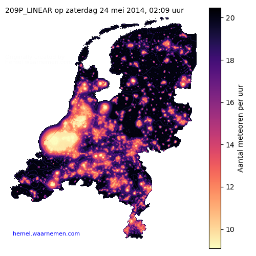 Kaart van Nederland met aantallen 209P_LINEAR tijdens het maximum