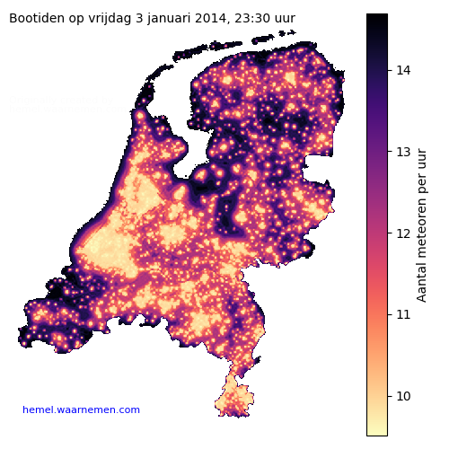 Kaart van Nederland met aantallen Bootiden voor middernacht