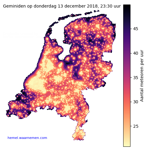 Kaart van Nederland met aantallen Geminiden voor middernacht