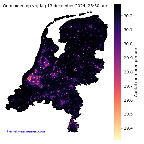 Kaart van Nederland met aantallen Geminiden voor middernacht