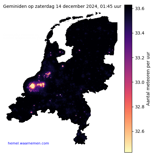 Kaart van Nederland met aantallen Geminiden tijdens het maximum