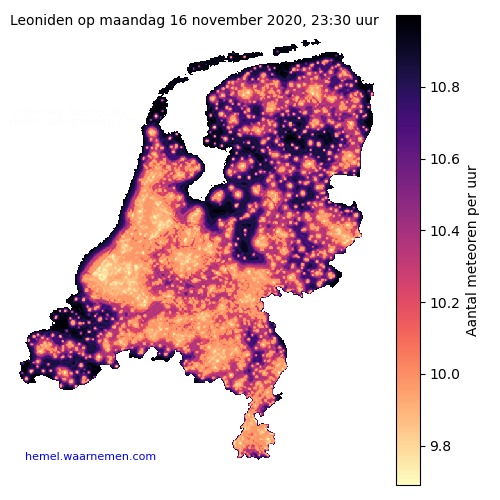 Kaart van Nederland met aantallen Leoniden voor middernacht