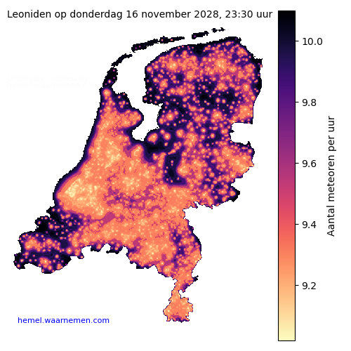 Kaart van Nederland met aantallen Leoniden voor middernacht