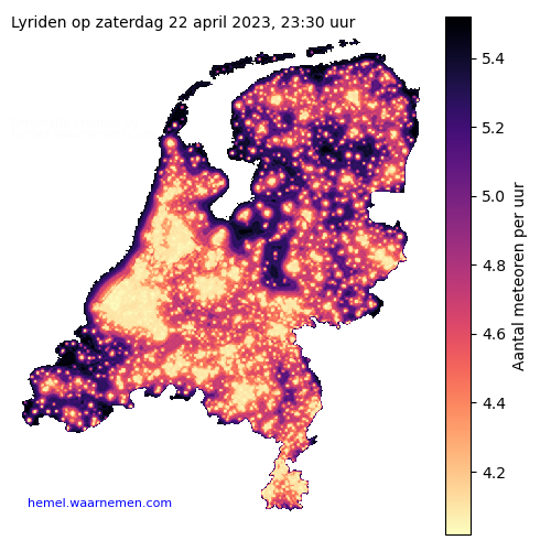 Kaart van Nederland met aantallen Lyriden voor middernacht