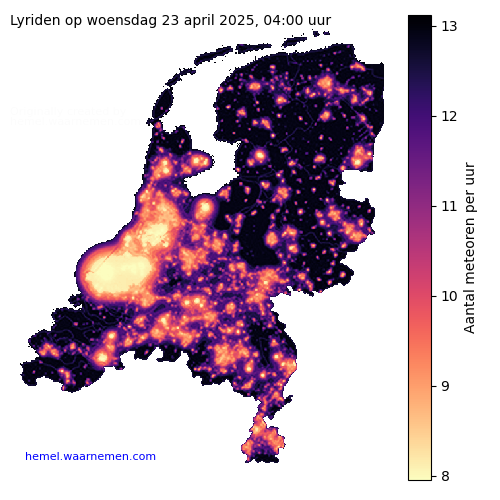 Kaart van Nederland met aantallen Lyriden tijdens het maximum