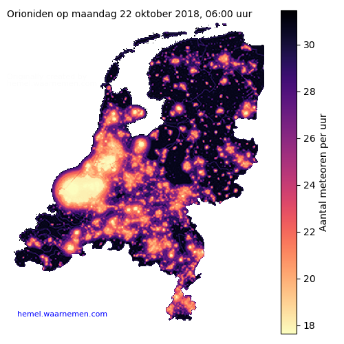 Kaart van Nederland met aantallen Orioniden tijdens het maximum