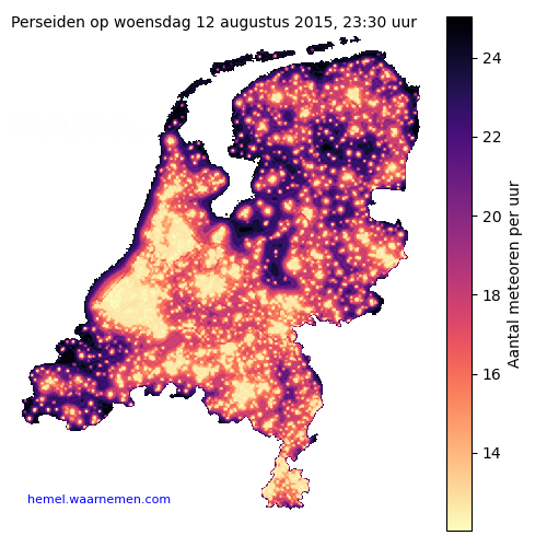 Kaart van Nederland met aantallen Perseiden voor middernacht