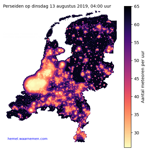 Kaart van Nederland met aantallen Perseiden tijdens het maximum