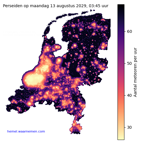 Kaart van Nederland met aantallen Perseiden tijdens het maximum