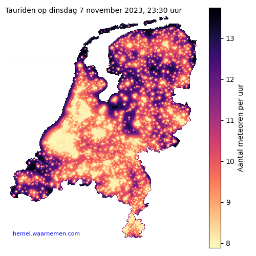 Kaart van Nederland met aantallen Tauriden voor middernacht