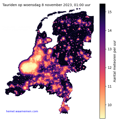 Kaart van Nederland met aantallen Tauriden tijdens het maximum