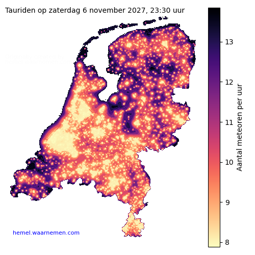 Kaart van Nederland met aantallen Tauriden voor middernacht