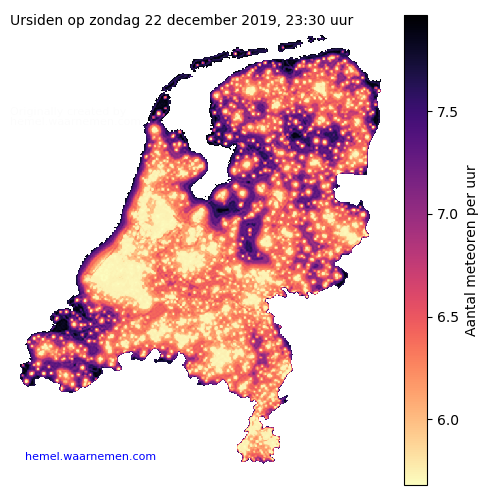 Kaart van Nederland met aantallen Ursiden voor middernacht