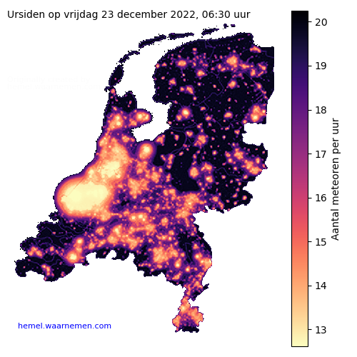 Kaart van Nederland met aantallen Ursiden tijdens het maximum
