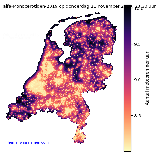 Kaart van Nederland met aantallen alfa-Monocerotiden-2019 voor middernacht