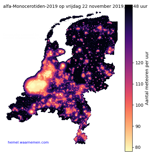 Kaart van Nederland met aantallen alfa-Monocerotiden-2019 tijdens het maximum