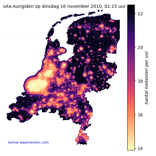 Kaart van Nederland met aantallen iota-Aurigiden tijdens het maximum
