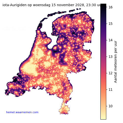 Kaart van Nederland met aantallen iota-Aurigiden voor middernacht